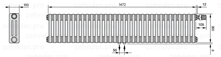 Схема (чертеж) Радиатор Zehnder Charleston 3026/32 №V008 Белый глянцевый RAL 9016